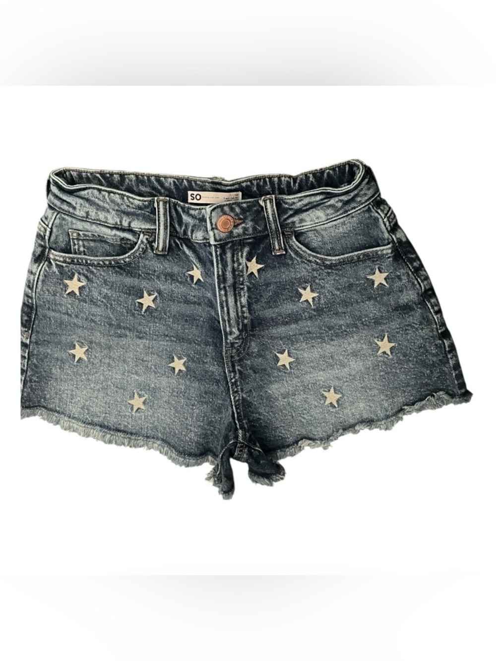 SO Star Print Denim Shorts Size 7/28 High Rise Raw Hem